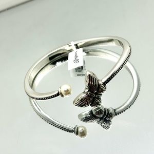 Brighton Bloom Butterfly Pearl Open Bangle Silver  JF9333 New $88